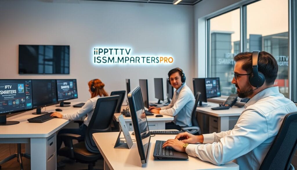 A modern, well-equipped client support center with sleek desks, multiple monitors, and ergonomic chairs. IPTV SMARTERS PRO branding is prominently displayed on the wall, conveying a sense of professionalism and expertise. Warm, indirect lighting creates a comfortable atmosphere, while large windows allow natural light to flow in. Tech-savvy support agents assist customers with seamless IPTV service, their expressions calm and attentive. The overall scene exudes a sense of reliable, personalized support for French IPTV subscribers. A modern, well-equipped client support center with sleek desks, multiple monitors, and ergonomic chairs. IPTV SMARTERS PRO branding is prominently displayed on the wall, conveying a sense of professionalism and expertise. Warm, indirect lighting creates a comfortable atmosphere, while large windows allow natural light to flow in. Tech-savvy support agents assist customers with seamless IPTV service, their expressions calm and attentive. The overall scene exudes a sense of reliable, personalized support for French IPTV subscribers.