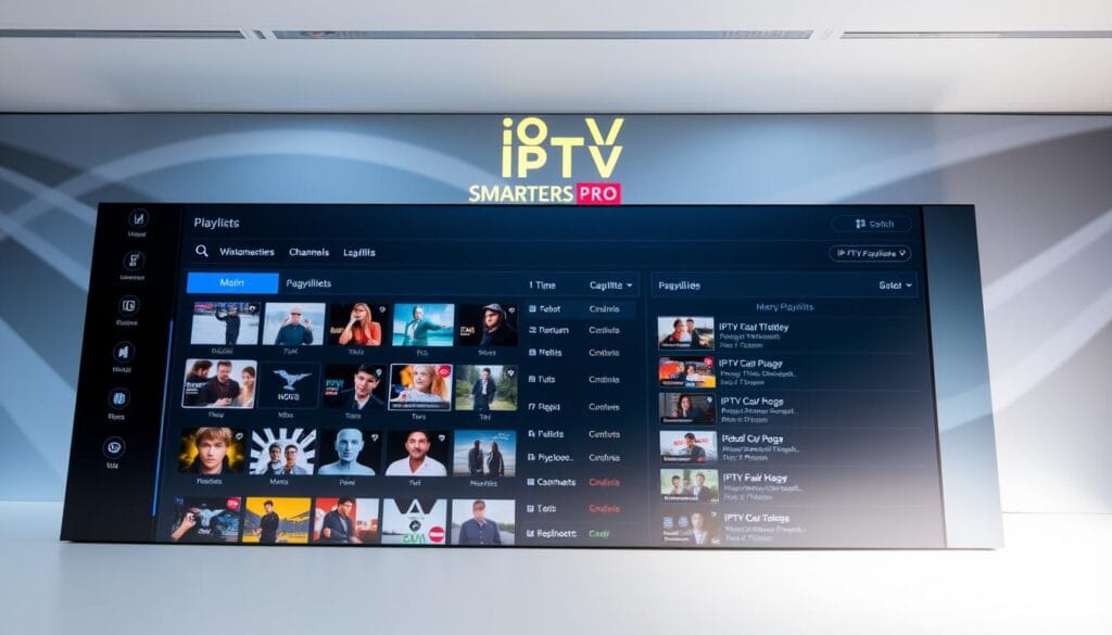 A professional-looking dashboard interface for managing IPTV playlists, featuring the IPTV SMARTERS PRO logo prominently displayed. The foreground shows a clean, organized grid of thumbnail previews for various playlists, with clear icons and labels. The middle ground depicts a main playlist view, allowing for easy sorting, filtering, and management of individual channels. The background showcases a sleek, modern design with subtle gradient patterns, conveying a sense of sophistication and technological prowess. The lighting is soft and diffused, creating a pleasant, productivity-focused atmosphere. The camera angle is slightly elevated, providing an overview of the entire interface. Prompt