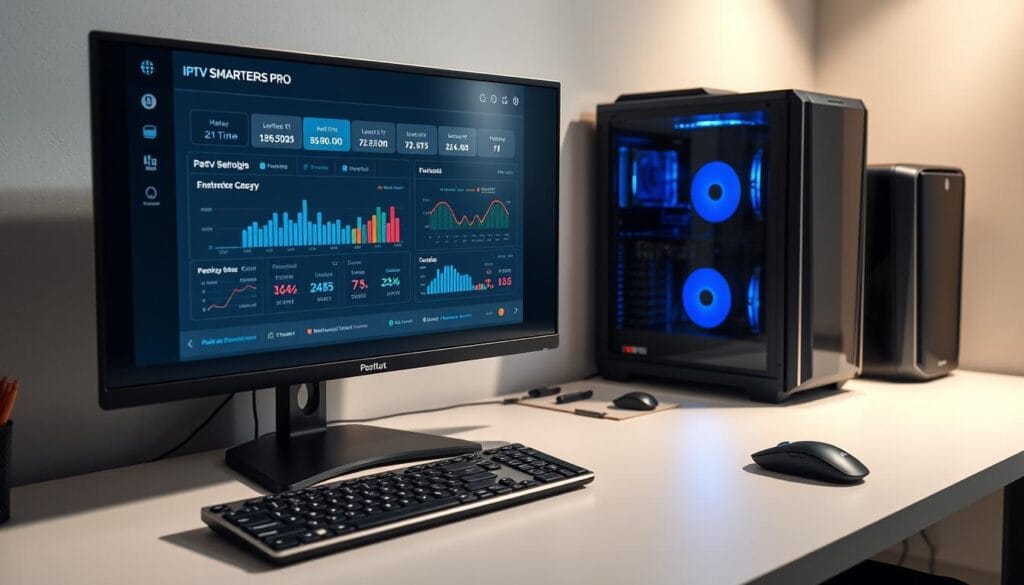 A sleek, modern IPTV streaming setup with the IPTV SMARTERS PRO interface prominently displayed on a high-resolution monitor. The screen shows a performance optimization dashboard, with real-time metrics and charts depicting bandwidth, latency, and buffering rates. The desk is minimalist, with a wireless keyboard and mouse, and a discreet gaming PC tower in the background. Soft, indirect lighting illuminates the scene, creating a professional, focused atmosphere. The overall composition conveys a sense of efficiency, attention to detail, and a desire to optimize the IPTV experience.