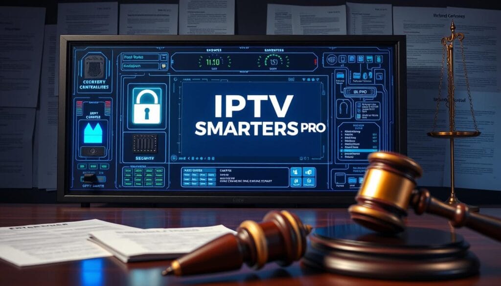 A high-tech security control panel with biometric scanners, encrypted data flows, and IPTV SMARTERS PRO branding, set against a backdrop of legal documents and a gavel, conveying the intersection of technology, regulations, and the legal aspects of IPTV streaming. The scene is lit by a soft, professional lighting setup, creating a sense of authority and gravity. The overall mood is one of technological sophistication and regulatory compliance. A high-tech security control panel with biometric scanners, encrypted data flows, and IPTV SMARTERS PRO branding, set against a backdrop of legal documents and a gavel, conveying the intersection of technology, regulations, and the legal aspects of IPTV streaming. The scene is lit by a soft, professional lighting setup, creating a sense of authority and gravity. The overall mood is one of technological sophistication and regulatory compliance.