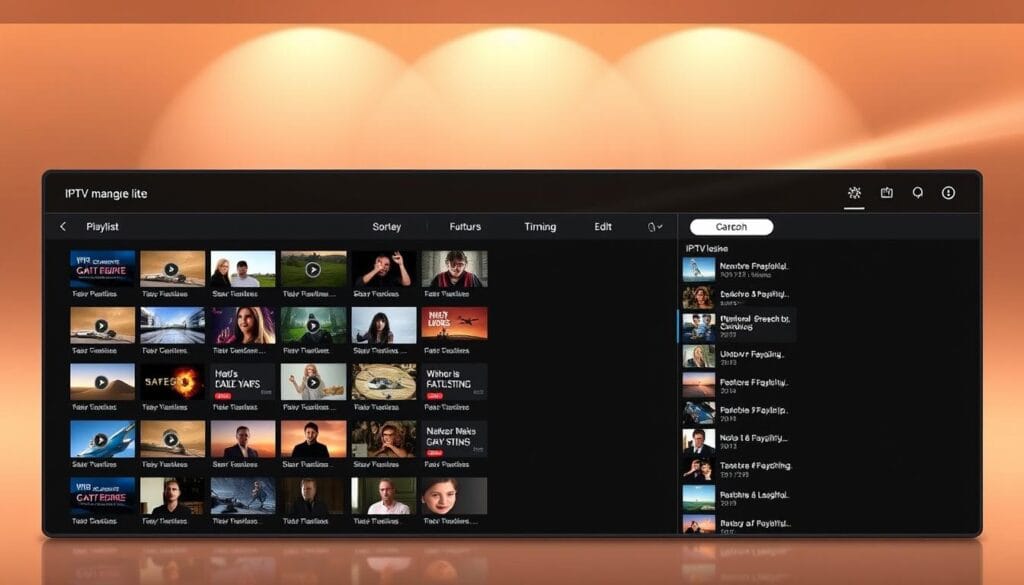 A sleek and modern user interface for managing IPTV playlists, showcasing the "iptv smarters lite" application. In the foreground, a neatly organized grid of playlist thumbnails, each with a distinct thumbnail and title. The middle ground features a clean and intuitive control panel, allowing for seamless playlist management, including sorting, filtering, and editing options. The background subtly blends smooth gradients and minimalist design elements, creating a polished and visually appealing aesthetic. Warm lighting from above casts a soft glow, highlighting the app's functionality and user-friendly experience. A sleek and modern user interface for managing IPTV playlists, showcasing the "iptv smarters lite" application. In the foreground, a neatly organized grid of playlist thumbnails, each with a distinct thumbnail and title. The middle ground features a clean and intuitive control panel, allowing for seamless playlist management, including sorting, filtering, and editing options. The background subtly blends smooth gradients and minimalist design elements, creating a polished and visually appealing aesthetic. Warm lighting from above casts a soft glow, highlighting the app's functionality and user-friendly experience.